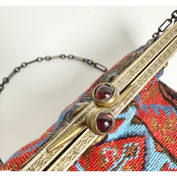 Antique Art Nouveau Edwardian French Cut Steel Hand Beaded Purse w/Jeweled Clasp - Picture 7 of 12